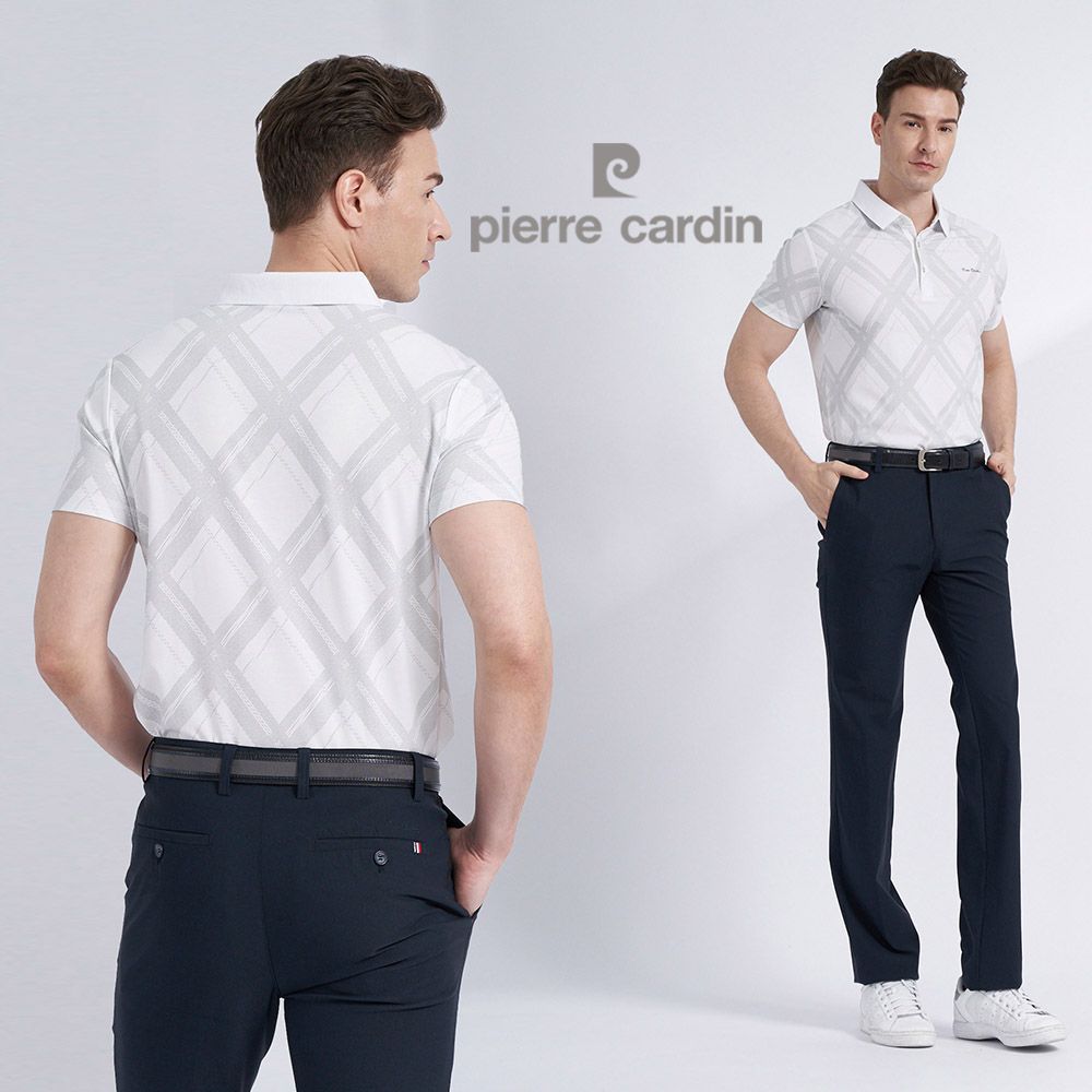 Pierre Cardin 皮爾卡登 男款 棉質混紡菱格印花短袖POLO衫-米白色 (5227266-91)