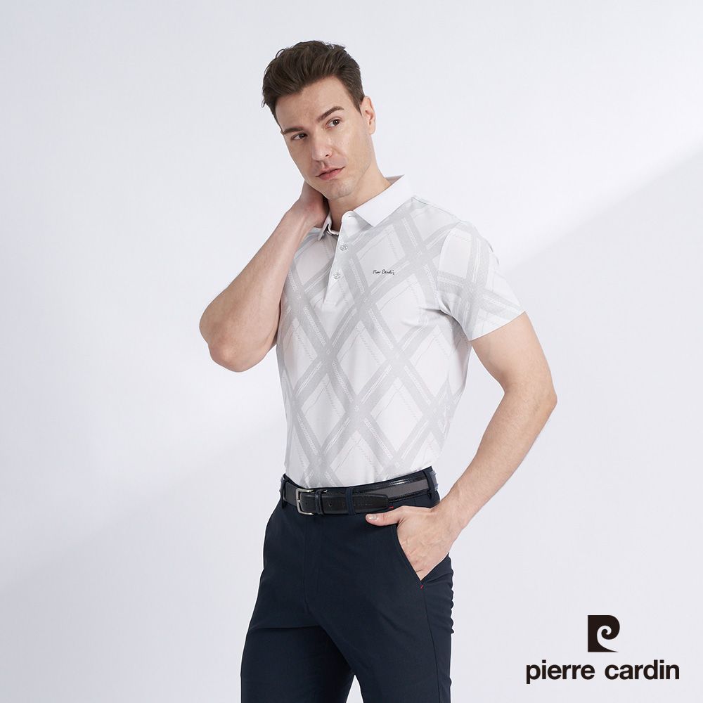 Pierre Cardin 皮爾卡登 男款 棉質混紡菱格印花短袖POLO衫-米白色 (5227266-91)