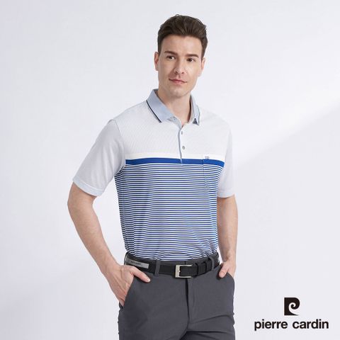 【pierre cardin 皮爾卡登】男款 吸濕排汗定位橫條短袖POLO衫-藍色 (5227292-36)