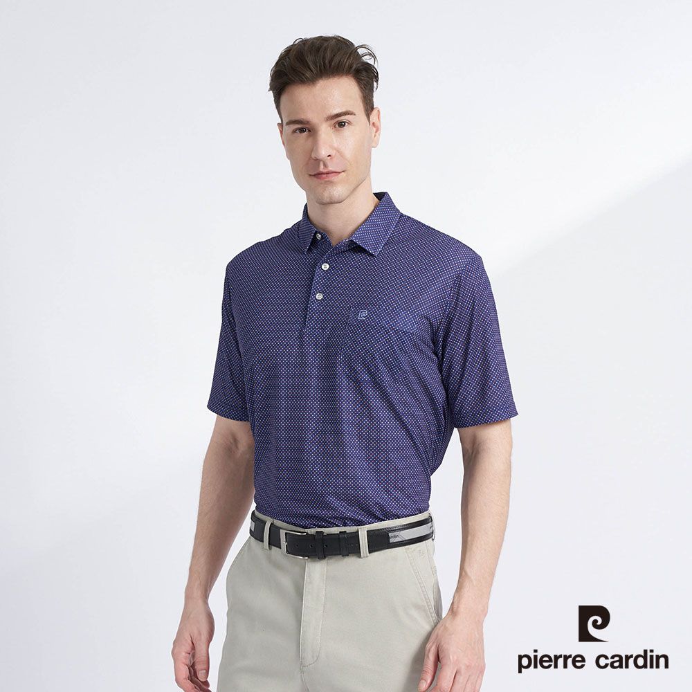 Pierre Cardin 皮爾卡登 男款 吸濕排汗彈性印花短袖POLO衫-深藍色 (5227287-28)