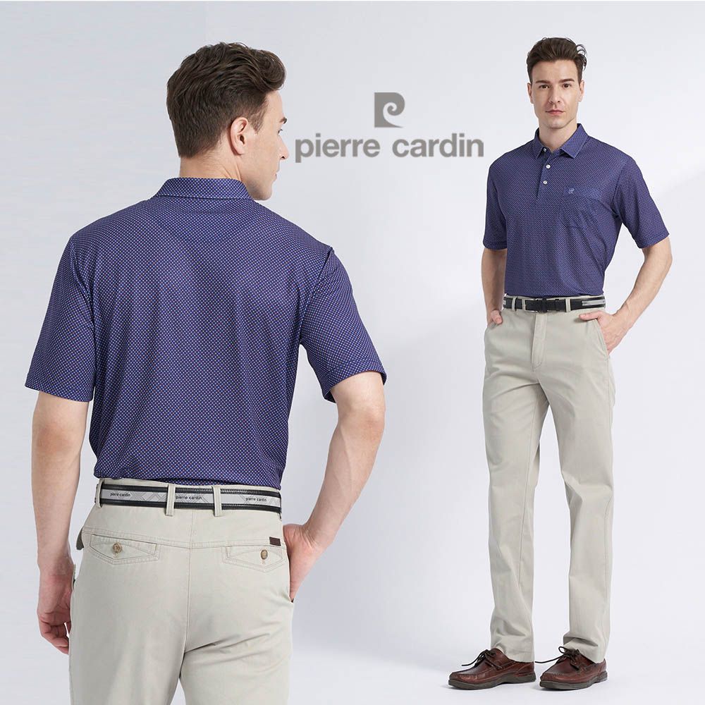 Pierre Cardin 皮爾卡登 男款 吸濕排汗彈性印花短袖POLO衫-深藍色 (5227287-28)