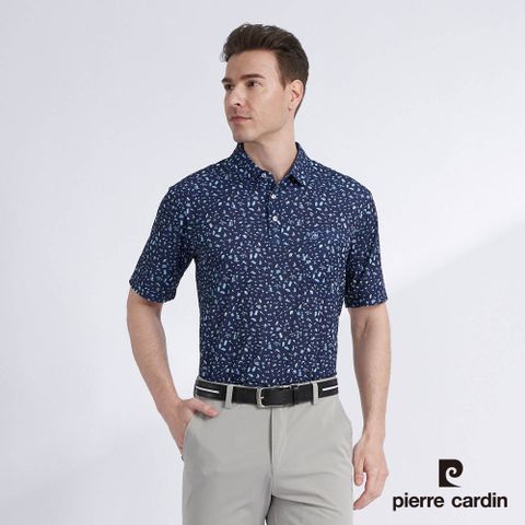 【pierre cardin 皮爾卡登】男款 吸濕排汗彈性印花短袖POLO衫-深藍色 (5227288-38)