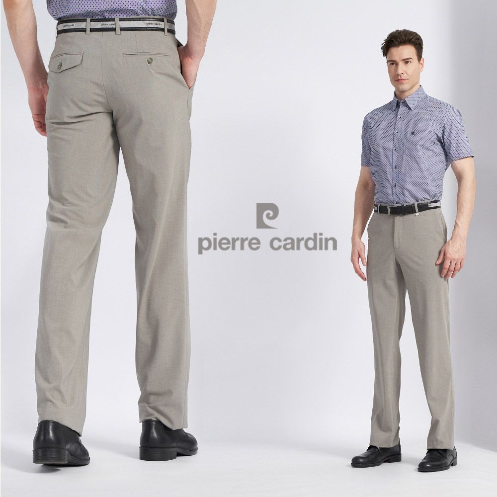 Pierre Cardin 皮爾卡登 男款 冰涼彈性暗紋緹花平口西裝長褲-卡其色 (5227841-47)