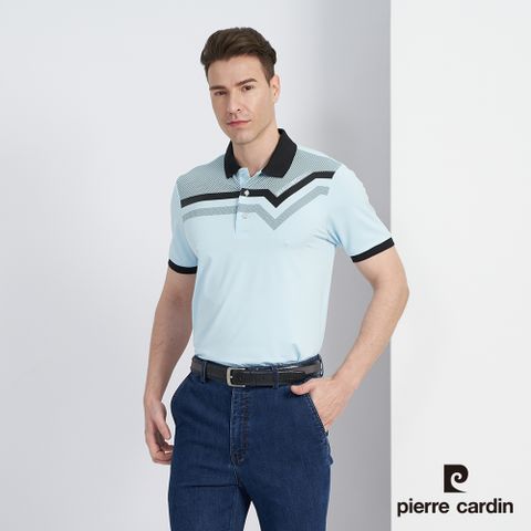 【pierre cardin 皮爾卡登】男款 吸濕排汗彈性胸前印花合身短袖POLO衫-水藍色 (5227208-35)