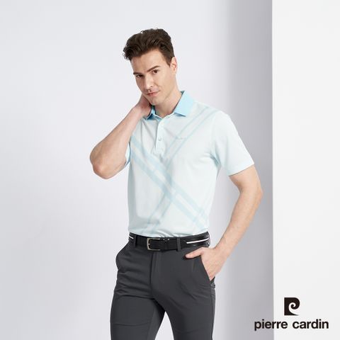【pierre cardin 皮爾卡登】男款 吸濕排汗胸前印花短袖POLO衫-淺水藍 (5227209-35)