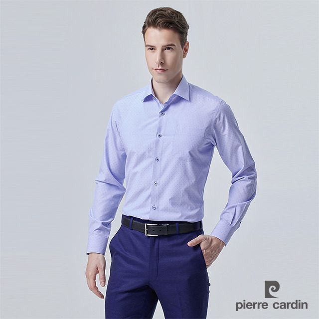 Pierre Cardin 皮爾卡登 男襯衫 合身版竹纖維抗菌除臭素色長袖襯衫_藍細條圓緹花(81862-32)