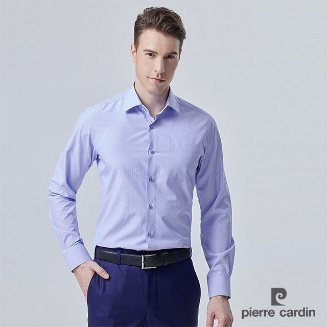 Pierre Cardin 皮爾卡登 男襯衫 合身版竹纖維抗菌除臭素色長袖襯衫_藍細條圓緹花(81862-32)