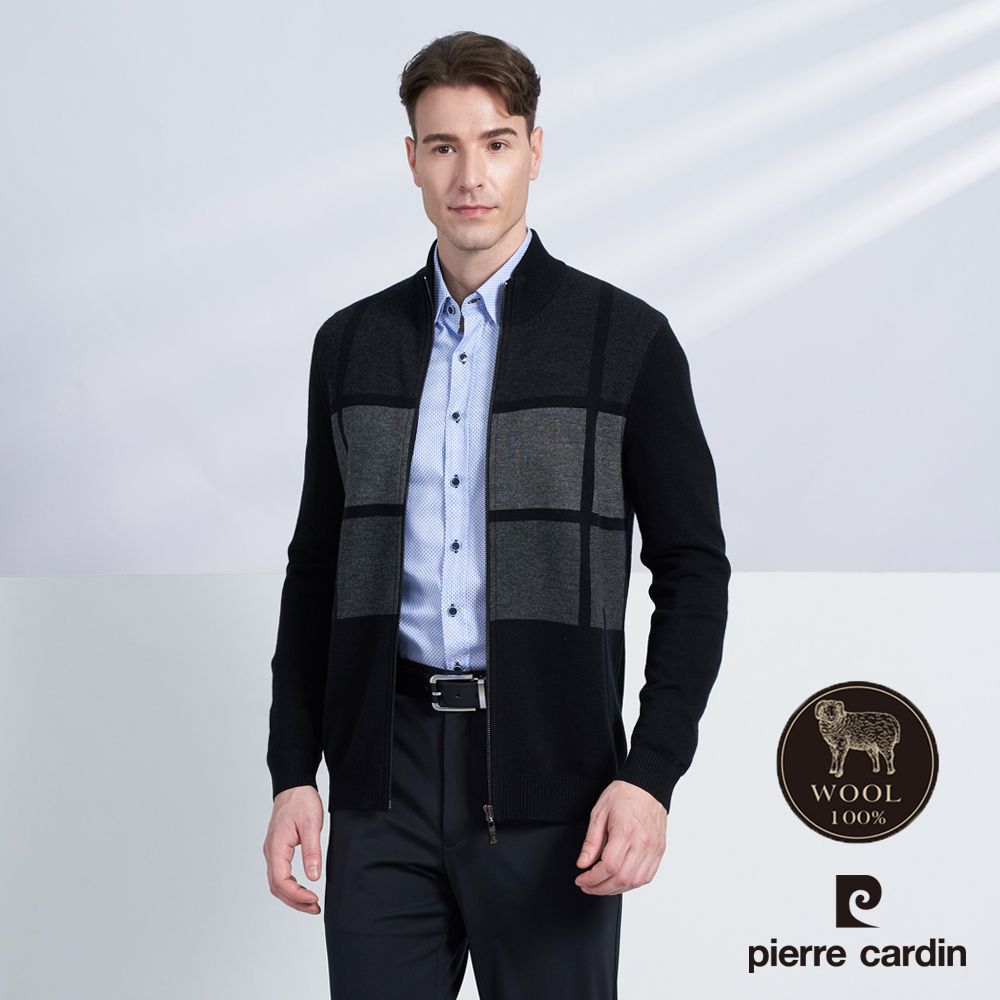 Pierre Cardin 皮爾卡登 男款 純羊毛針織質感立領毛衣外套-黑色(5225411-99)