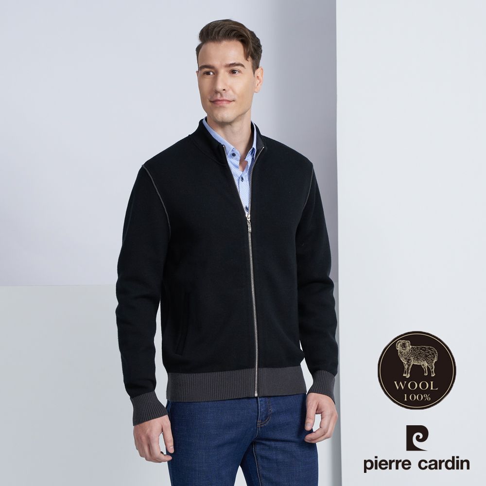 Pierre Cardin 皮爾卡登  男款 純羊毛針織立領毛衣外套-黑色(5225413-99)