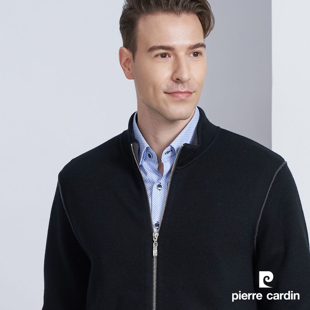 Pierre Cardin 皮爾卡登  男款 純羊毛針織立領毛衣外套-黑色(5225413-99)