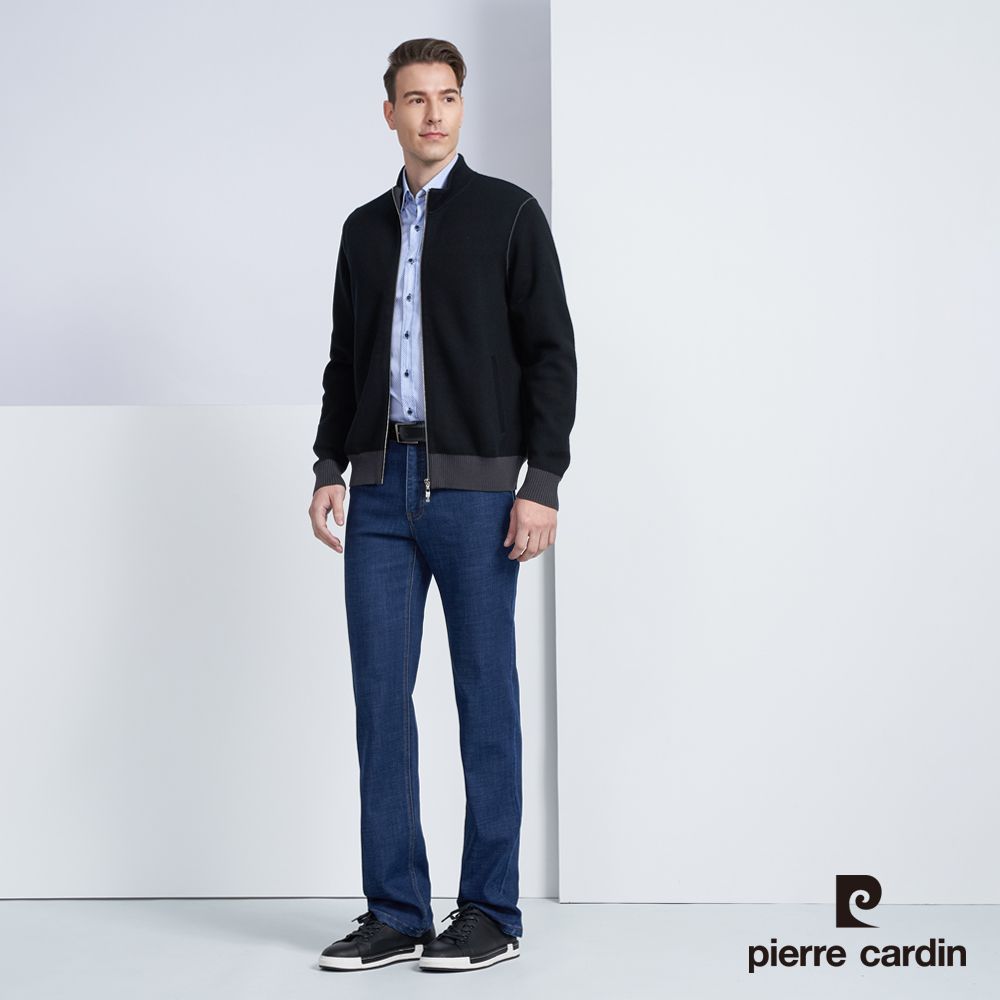 Pierre Cardin 皮爾卡登  男款 純羊毛針織立領毛衣外套-黑色(5225413-99)