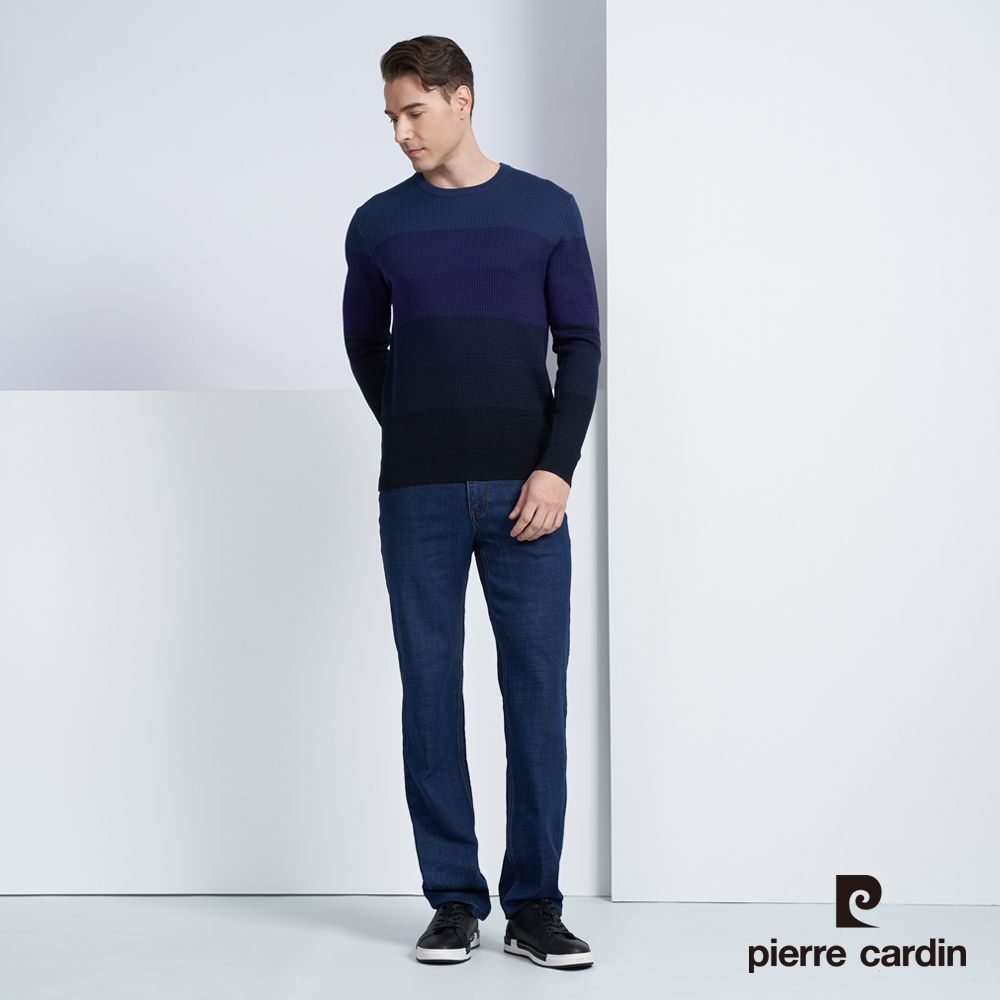 Pierre Cardin 皮爾卡登 男款 混紡羊毛圓領條紋針織毛衣-藍色(5225472-38)