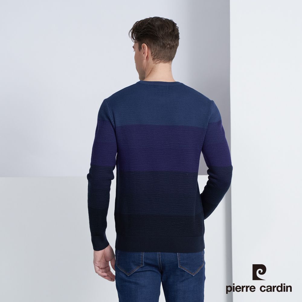 Pierre Cardin 皮爾卡登 男款 混紡羊毛圓領條紋針織毛衣-藍色(5225472-38)