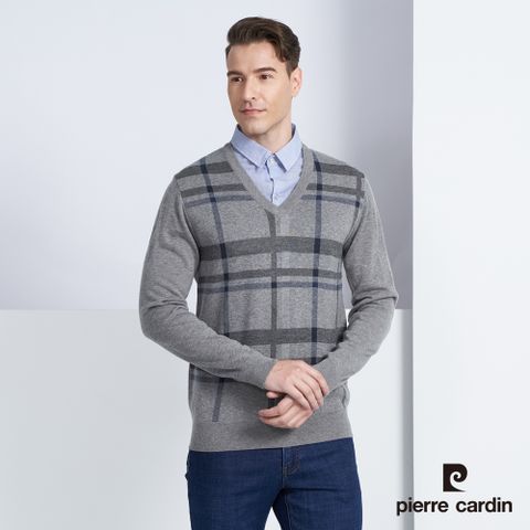 Pierre Cardin 皮爾卡登 男款 羊毛混紡格紋襯衫領假兩件針織毛衣-灰色(5225473-95)
