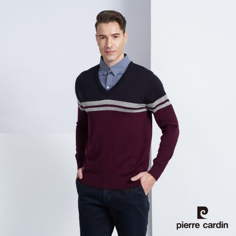 Pierre Cardin 皮爾卡登 男款 羊毛混紡橫條襯衫領假兩件針織毛衣-酒紅色(5225474-28)