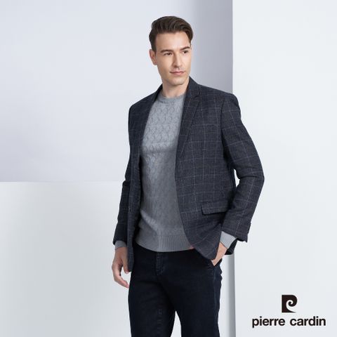 Pierre Cardin 皮爾卡登 男款 時尚暗格紋休閒西裝/獵裝外套-深藍色(5225572-37)