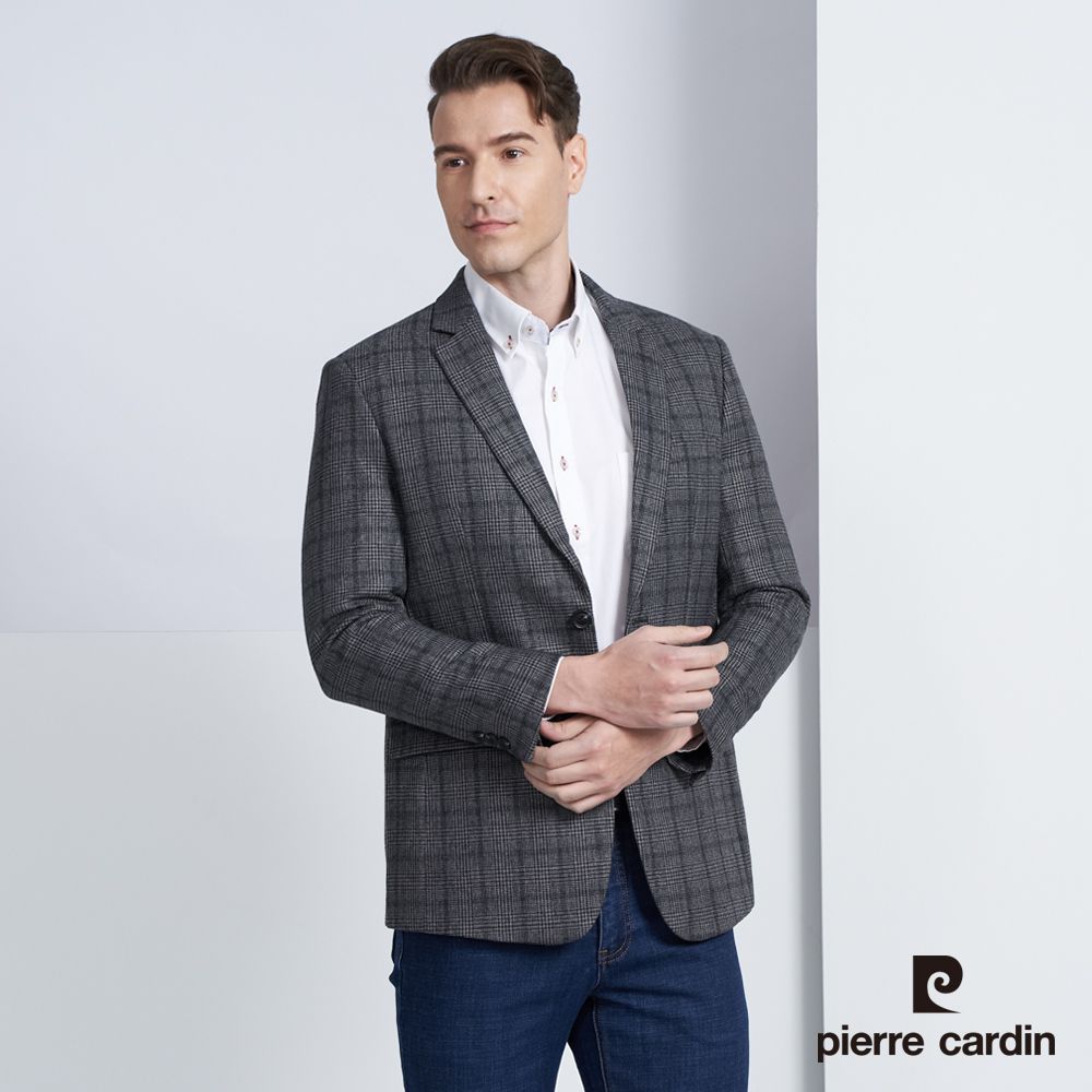 Pierre Cardin 皮爾卡登 男款 時尚暗格紋休閒西裝/獵裝外套-深灰色(5225573-88)