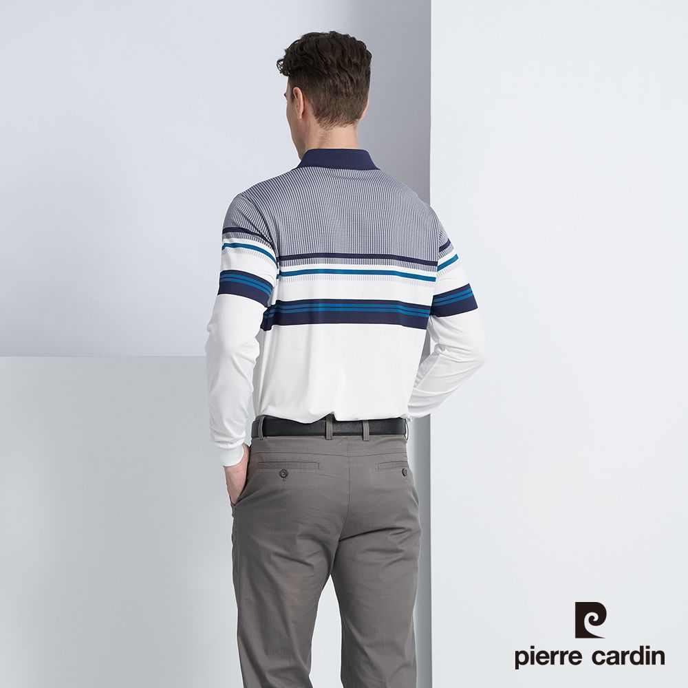 Pierre Cardin 皮爾卡登 男款 仿棉微彈性雙面緹花定位橫條長袖polo衫-深藍色 (5225205-38)