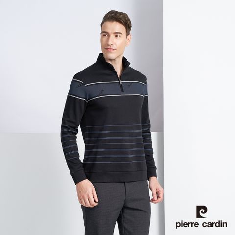【pierre cardin 皮爾卡登】男款 棉質混紡半高領定位條紋長袖polo衫-黑色 (5225208-99)