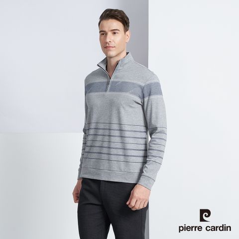 【pierre cardin 皮爾卡登】男款 棉質混紡半高領定位條紋長袖polo衫-灰色 (5225208-95)