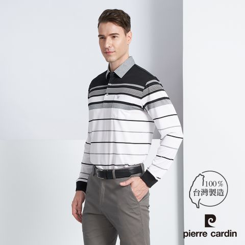 Pierre Cardin 皮爾卡登 男款 吸濕排汗微彈性定位條紋長袖POLO衫-黑色 (5225252-99)