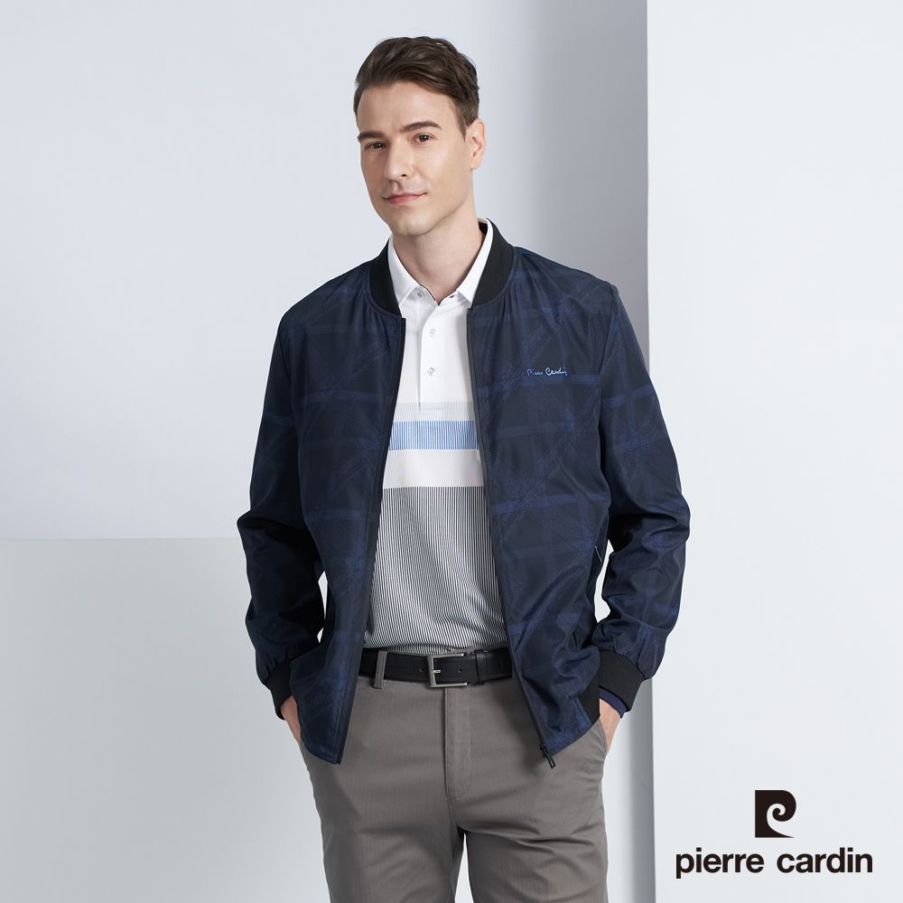 Pierre Cardin 皮爾卡登 男款 都會休閒棒球領印花薄夾克外套-深藍色 (5225662-38)