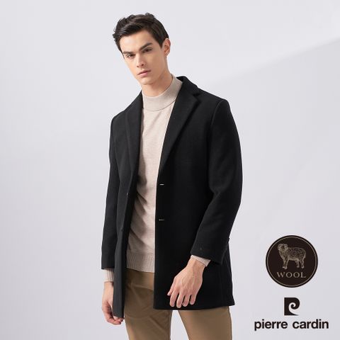 Pierre Cardin 皮爾卡登 男款 羊毛混紡鋪棉中長款毛呢大衣外套-黑色 (5225773-99)