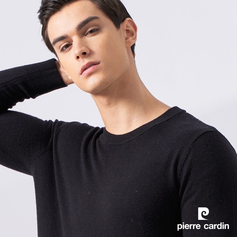 Pierre Cardin 皮爾卡登 男款 純羊毛素色圓領長袖毛衣-黑色 (5225475-99)