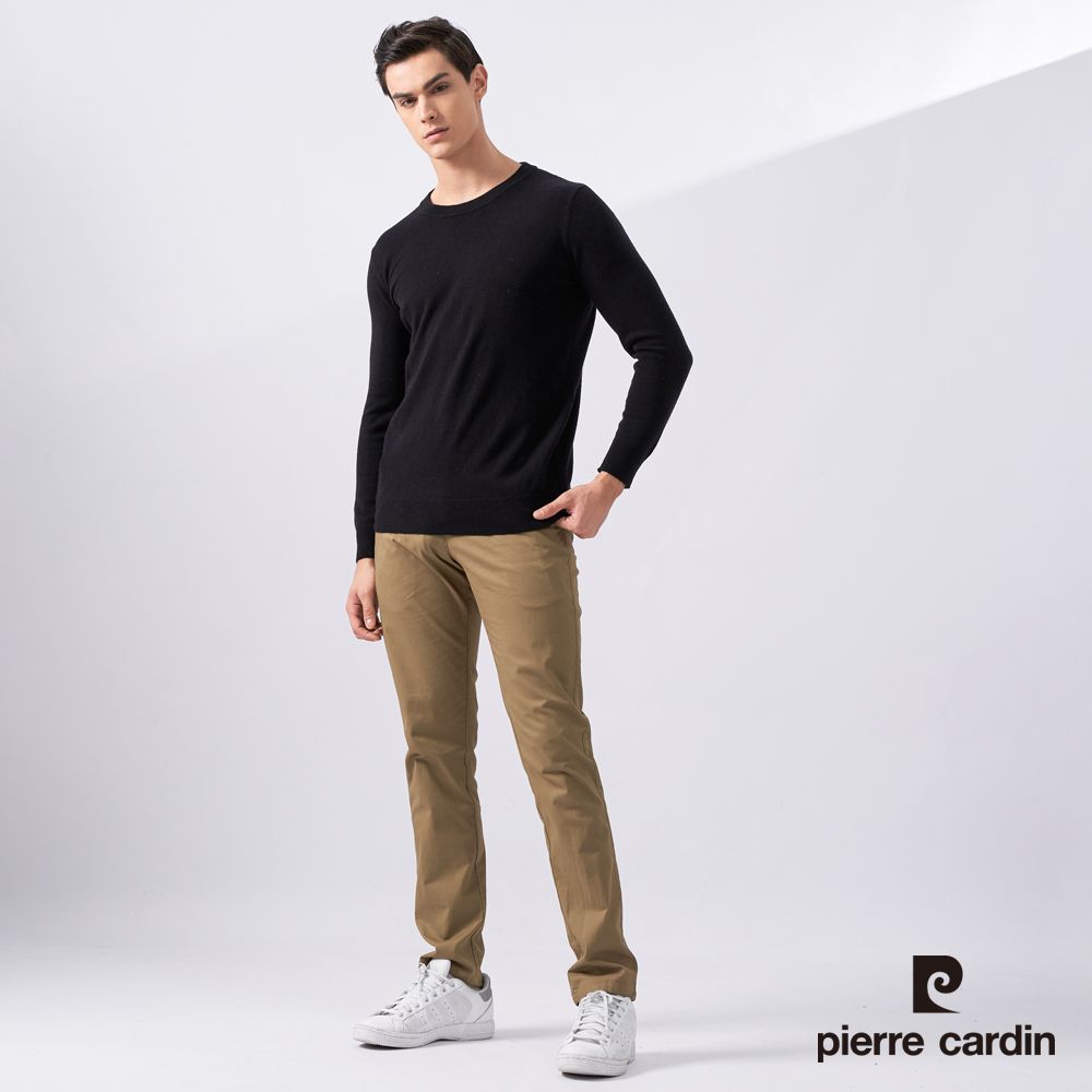 Pierre Cardin 皮爾卡登 男款 純羊毛素色圓領長袖毛衣-黑色 (5225475-99)