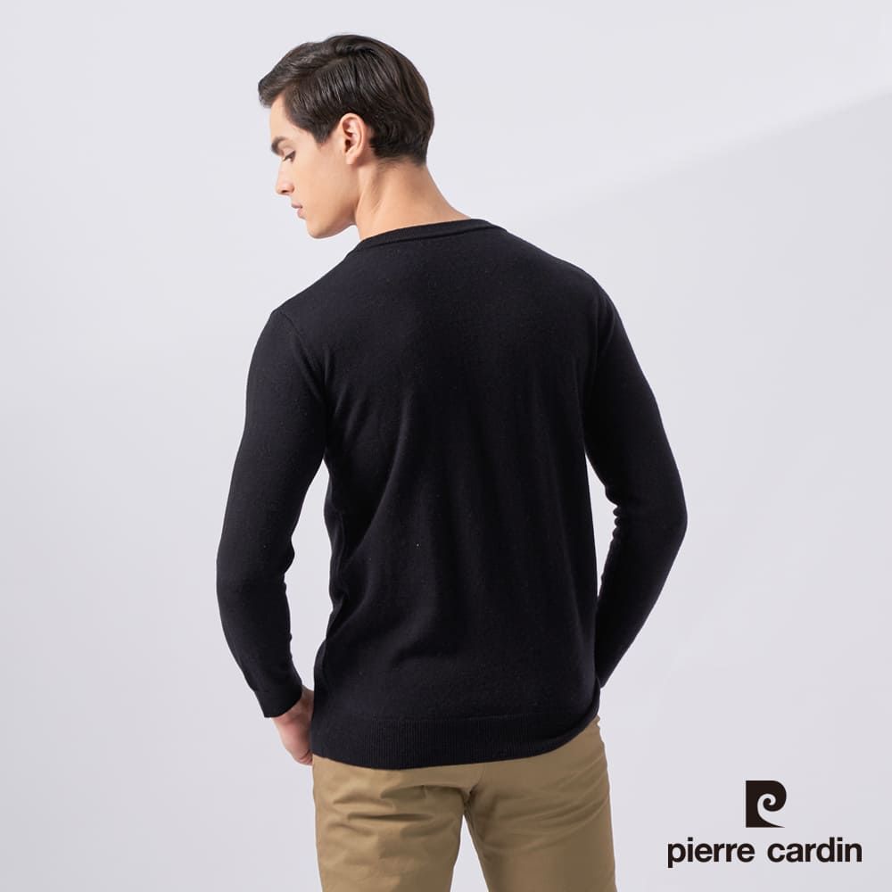 Pierre Cardin 皮爾卡登 男款 純羊毛素色圓領長袖毛衣-黑色 (5225475-99)