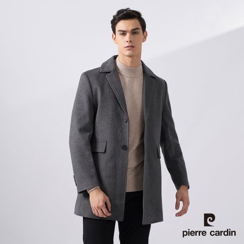 Pierre Cardin 皮爾卡登 男款 商務休閒翻領羊毛尼羽絨大衣外套-灰色 (7225732-95)