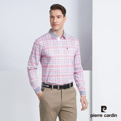 Pierre Cardin 皮爾卡登 男款 棉質混紡格紋印花薄長袖POLO衫-粉色 (5225256-75)