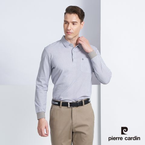 Pierre Cardin 皮爾卡登 男款 棉質混紡千鳥格紋印花薄長袖POLO衫-灰色 (5225257-95)