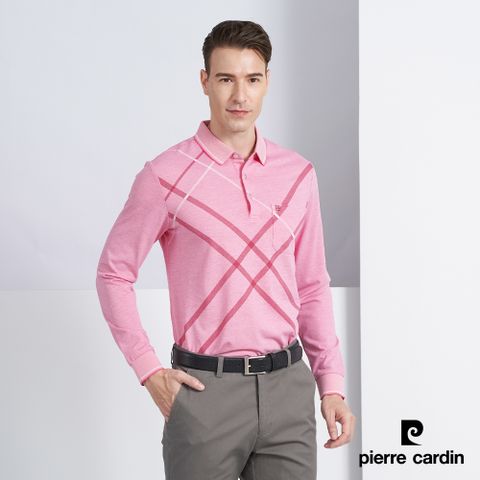 Pierre Cardin 皮爾卡登 男款 棉質混紡大定位斜格紋印花薄長袖POLO衫-粉色 (5225258-75)