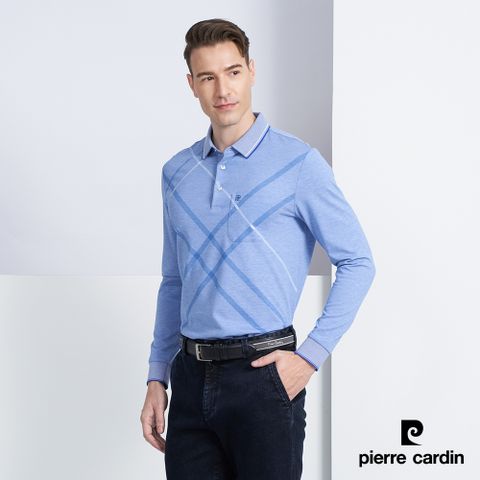【pierre cardin 皮爾卡登】男款 棉質混紡大定位斜格紋印花薄長袖POLO衫-水藍色 (5225258-37)