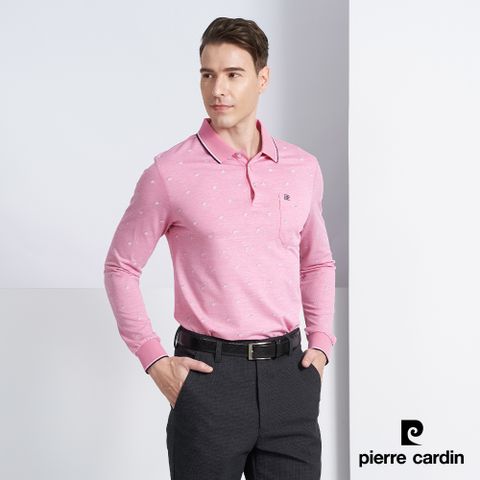 Pierre Cardin 皮爾卡登 男款 棉質混紡花朵印花薄長袖POLO衫-粉色 (5225260-75)