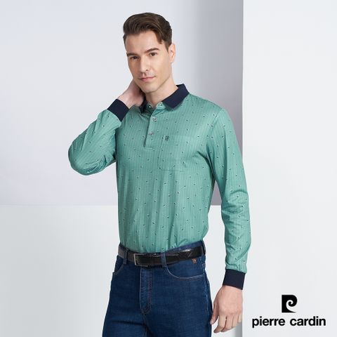 【pierre cardin 皮爾卡登】男款 棉質混紡花朵直條紋印花薄長袖POLO衫-綠色 (5225262-47)