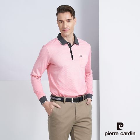 Pierre Cardin 皮爾卡登 男款 棉質混紡素面印花薄長袖POLO衫-粉桔色 (5225263-65)