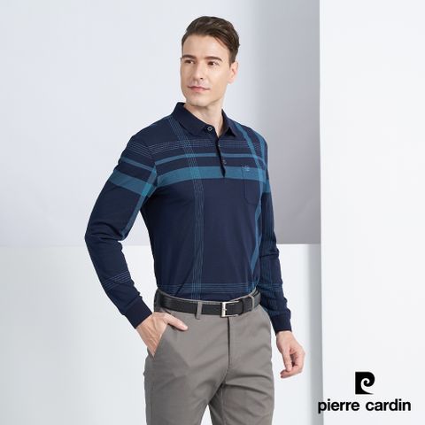 Pierre Cardin 皮爾卡登 男款 棉質混紡大定位格紋印花薄長袖POLO衫-深藍色 (5225264-38)