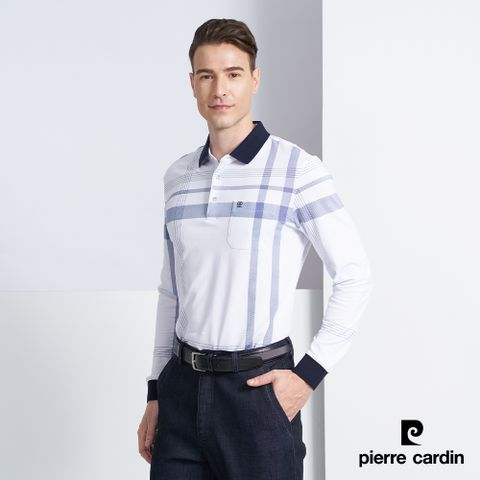 Pierre Cardin 皮爾卡登 男款 棉質混紡大定位格紋印花薄長袖POLO衫-白色 (5225264-90)