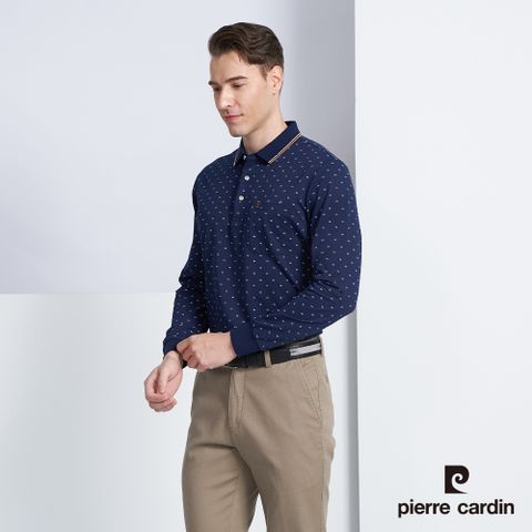 【pierre cardin 皮爾卡登】男款 棉質混紡四葉草印花薄長袖POLO衫-深藍色 (5225265-38)