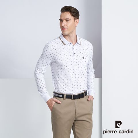 Pierre Cardin 皮爾卡登 男款 棉質混紡四葉草印花薄長袖POLO衫-白色 (5225265-90)