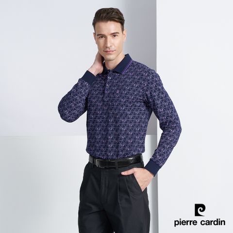 Pierre Cardin 皮爾卡登 男款 棉質混紡PC品牌圖藤印花薄長袖POLO衫-深藍色 (5225266-38)