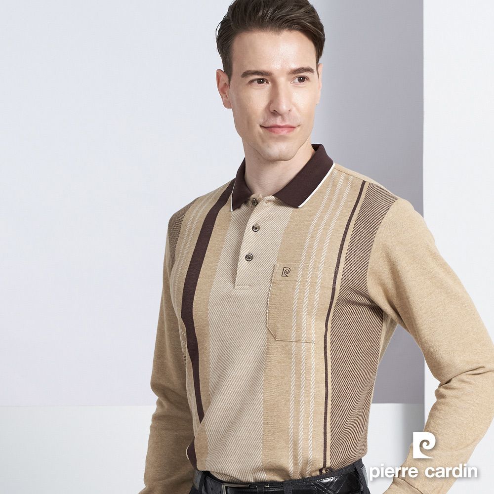 Pierre Cardin 皮爾卡登 男款 棉質混紡定位直條紋刷毛長袖POLO衫-卡其色 (5225275-86)