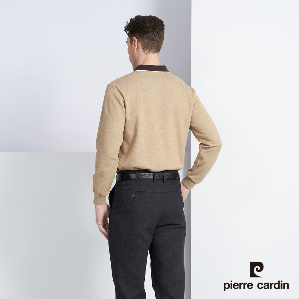 Pierre Cardin 皮爾卡登 男款 棉質混紡定位直條紋刷毛長袖POLO衫-卡其色 (5225275-86)