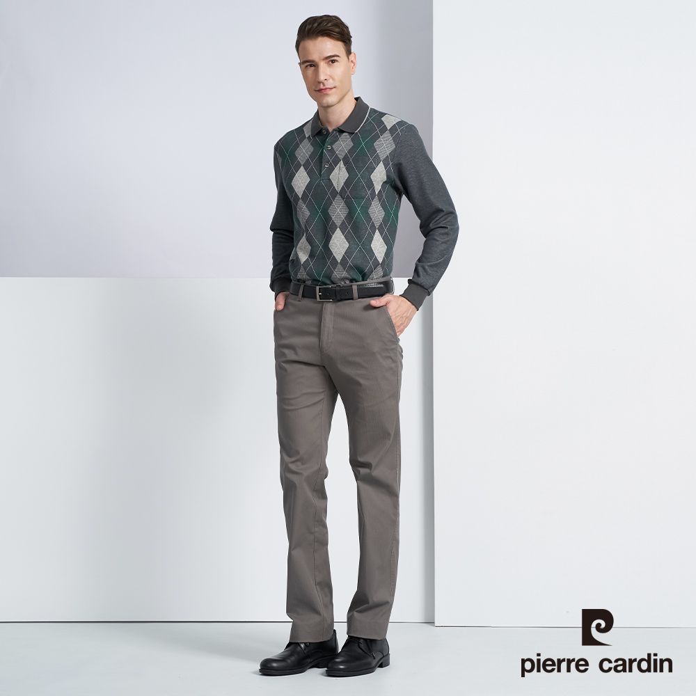 Pierre Cardin 皮爾卡登 男款 棉質混紡菱形格紋刷毛長袖POLO衫-灰綠色 (5225276-48)