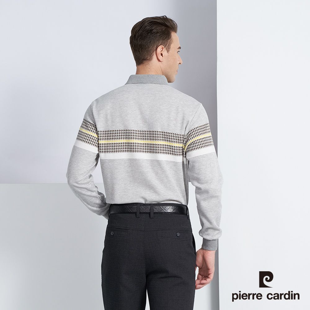 Pierre Cardin 皮爾卡登 男款 棉質混紡定位橫條紋刷毛長袖POLO衫-淺灰色 (5225288-95)