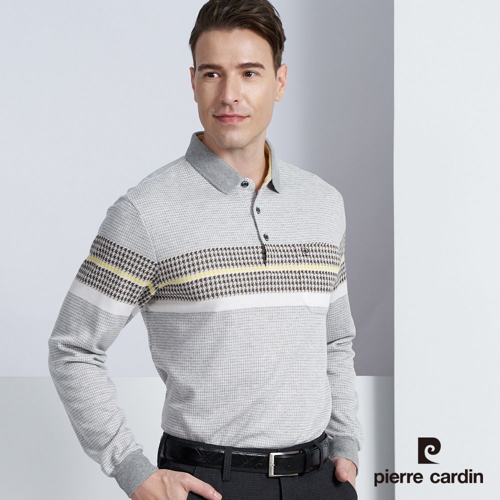 Pierre Cardin 皮爾卡登 男款 棉質混紡定位橫條紋刷毛長袖POLO衫-淺灰色 (5225288-95)