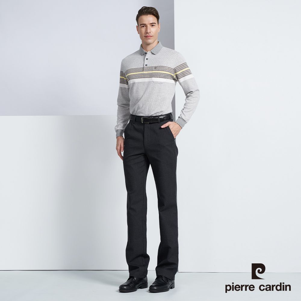 Pierre Cardin 皮爾卡登 男款 棉質混紡定位橫條紋刷毛長袖POLO衫-淺灰色 (5225288-95)