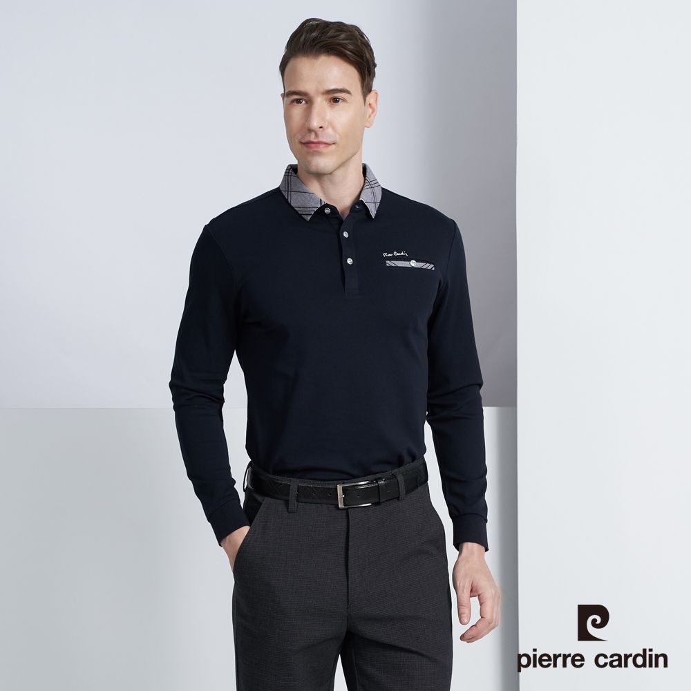 Pierre Cardin 皮爾卡登 男款 棉質混紡素色長袖POLO衫-深藍色 (5225293-38)